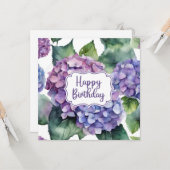 Carte Joyeux Anniversaire de fleurs d'hydrangée violette (Devant/Arrière en situation)