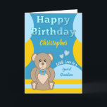 Carte Joyeux anniversaire de la fête spéciale Grandson t<br><div class="desc">Personnalisez cette joyeuse carte d'anniversaire pour un petit-fils spécial. Conçu en bleu,  jaune et marron,  avec un ours en peluche mignon. Ajoutez un nom et votre message. Joyeux anniversaire avec amour</div>