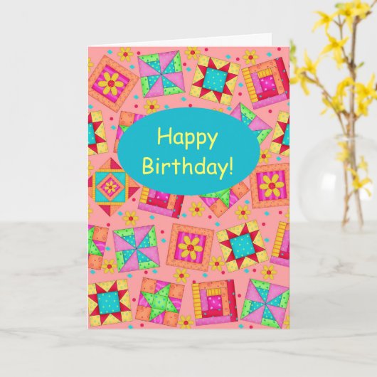 Carte Joyeux anniversaire de patchwork d'art orange de (Fleur jaune)