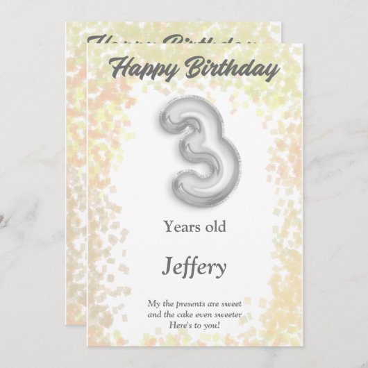 Carte Joyeux anniversaire de trois ans (Devant / Derrière)