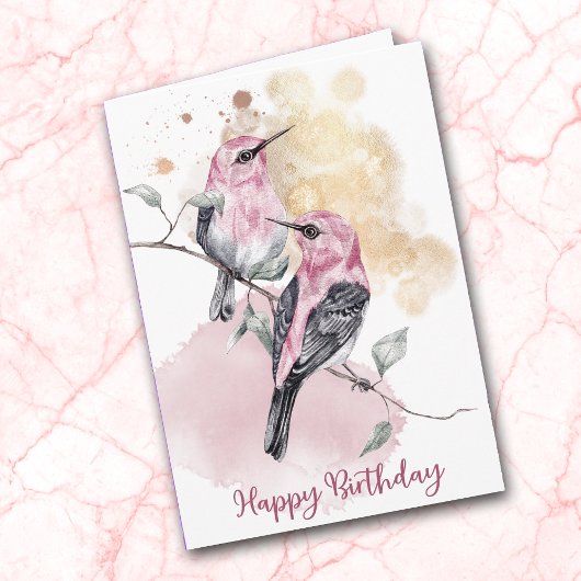 Carte Joyeux anniversaire des colibris roses