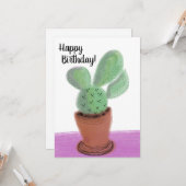 Carte Joyeux Anniversaire Doodle Cactus dans un pot (Devant/Arrière en situation)