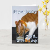 Carte Joyeux anniversaire - Drôle chat boire du verre (Fleur jaune)