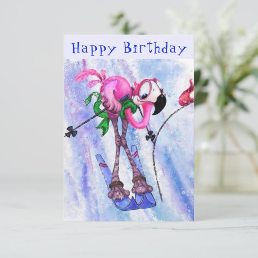 Carte Joyeux anniversaire - Drôle Flamant rose rose - Jo (Debout devant)