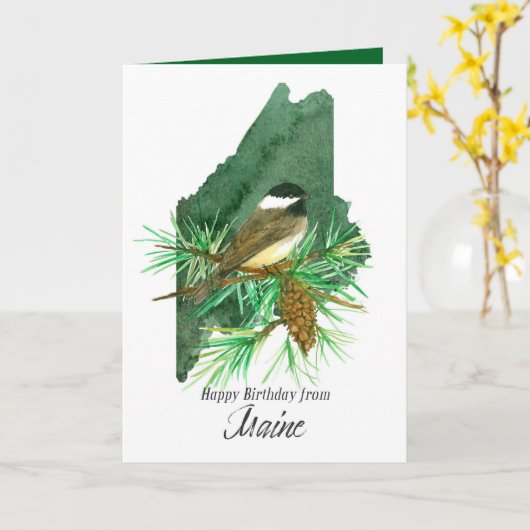 Carte Joyeux anniversaire du Maine Chickadee Pinecone (Fleur jaune)
