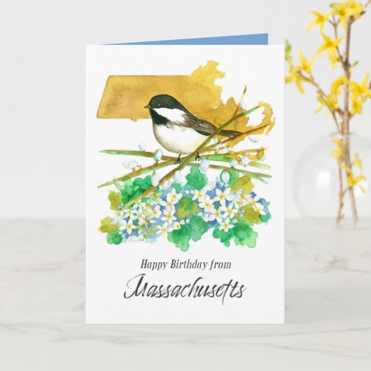 Carte Joyeux anniversaire du Massachusetts Chickadee Flo (Fleur jaune)