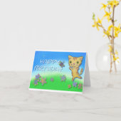 Carte Joyeux anniversaire d'un chat heureux de danse (Fleur jaune)