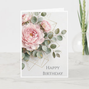 Carte Joyeux Anniversaire Élégant Pivoine Rose Géométriq