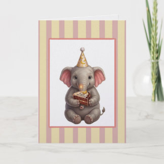 Carte Joyeux Anniversaire Éléphant Mignon avec Gâteau au