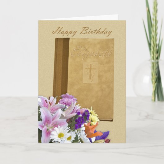 Carte Joyeux anniversaire Elizabeth, Prayer Book and flo (Devant)