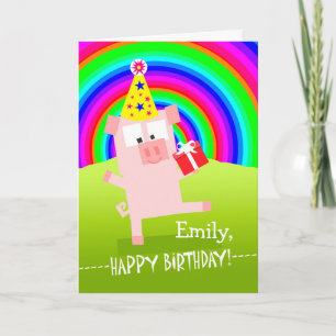 Carte Joyeux anniversaire Emily avec cochon qui danse
