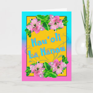 Carte Joyeux Anniversaire en hawaïen avec Bougainvillea