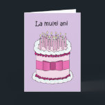 Carte Joyeux anniversaire en roumain Cartoon Cake<br><div class="desc">Un gâteau d'anniversaire rose et blanc recouvert de bougies éclairées. L'image a un arrière - plan de couleur mauve et est accompagnée du texte 'Joyeux anniversaire' écrit en roumain.</div>