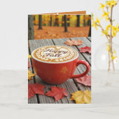 Carte Joyeux anniversaire et automne Coupe de café rouge (Fleur jaune)