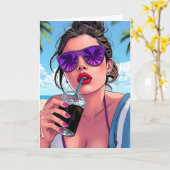 Carte Joyeux anniversaire et Plage d'été amusante (Fleur jaune)