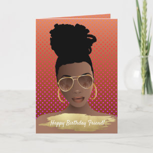 Carte Joyeux anniversaire ! Femme noire avec nuances or