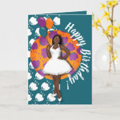 Carte Joyeux anniversaire ! Femme noire, Ballons & Fleur (Fleur jaune)