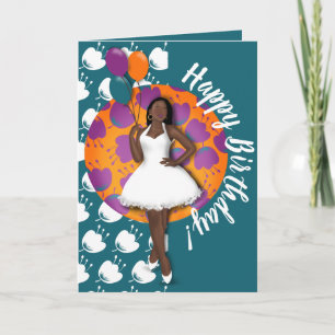 Carte Joyeux anniversaire ! Femme noire, Ballons & Fleur