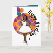 Carte Joyeux anniversaire ! Femme noire, Ballons & Fleur (Fleur jaune)