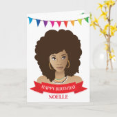 Carte Joyeux Anniversaire, Femme noire, Bannière colorée (Fleur jaune)