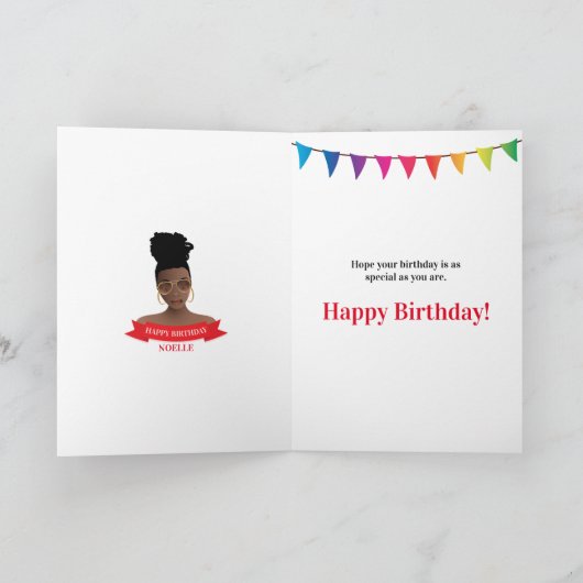 Carte Joyeux Anniversaire, Femme noire, Bannière colorée (Intérieur)