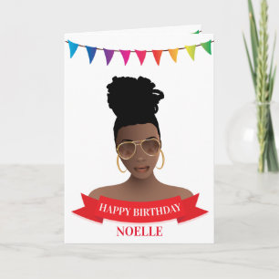 Carte Joyeux Anniversaire, Femme noire, Bannière colorée
