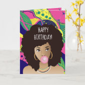Carte Joyeux anniversaire ! Femme noire, Bubblegum, Colo (Fleur jaune)