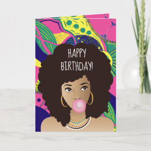Carte Joyeux anniversaire ! Femme noire, Bubblegum, Colo