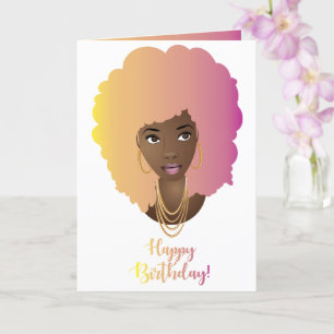 Carte Joyeux anniversaire ! Femme noire, cheveux colorés
