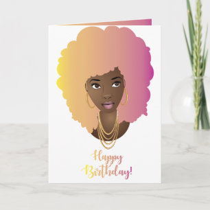 Carte Joyeux anniversaire ! Femme noire, cheveux colorés