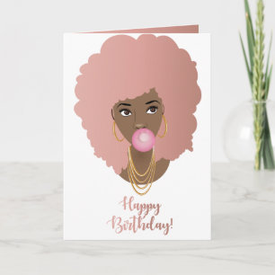 Carte Joyeux anniversaire ! Femme noire, Cheveux rose Go
