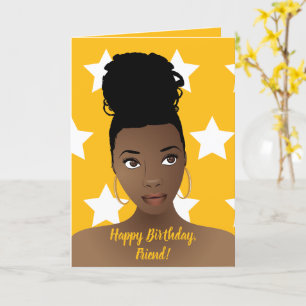 Carte Joyeux anniversaire ! Femme noire, Étoiles blanche