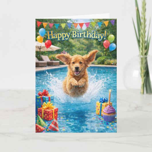 Carte Joyeux Anniversaire Fête Piscine Plongeon de Chiot (Devant)