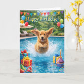 Carte Joyeux Anniversaire Fête Piscine Plongeon de Chiot (Fleur jaune)
