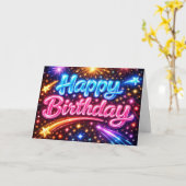 Carte Joyeux Anniversaire Feux d'Artifice et Étoiles Néo (Fleur jaune)