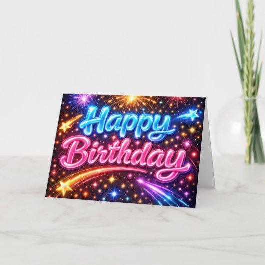 Carte Joyeux Anniversaire Feux d'Artifice et Étoiles Néo (Devant)