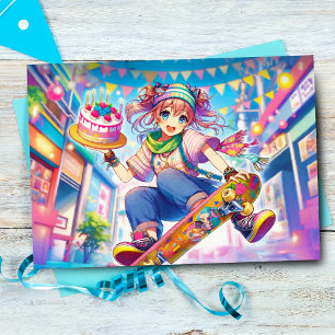 Carte Joyeux Anniversaire Fille Anime Sur Skateboard