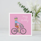 Carte Joyeux anniversaire - Fille en Vélo rose (Debout devant)