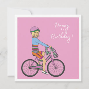 Carte Joyeux anniversaire - Fille en Vélo rose