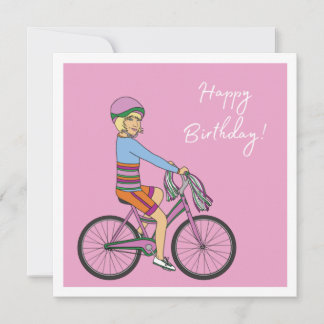 Carte Joyeux anniversaire - Fille en Vélo rose