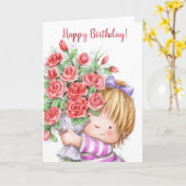 Carte Joyeux anniversaire, fille mignonne avec des fleur (Fleur jaune)