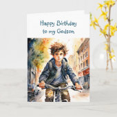 Carte Joyeux Anniversaire Filleul | Garçon à vélo en vil (Fleur jaune)
