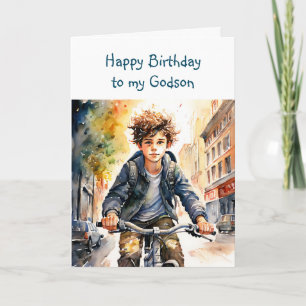 Carte Joyeux Anniversaire Filleul   Garçon à vélo en vil