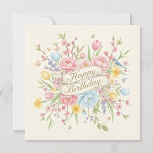 Carte Joyeux Anniversaire Fleurs et Oiseaux de Printemps