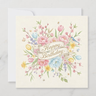 Carte Joyeux Anniversaire Fleurs et Oiseaux de Printemps