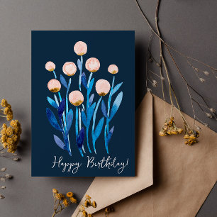 Carte Joyeux Anniversaire fleurs minimalistes aquarelle