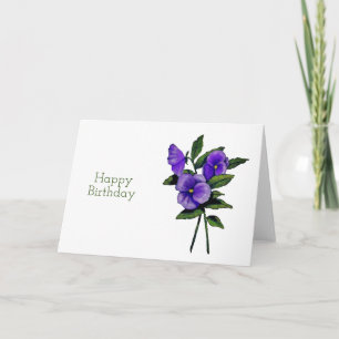 Carte Joyeux anniversaire, fleurs pourpres de pensée,