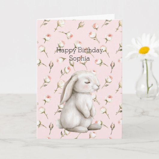 Carte Joyeux anniversaire fleurs roses de lapin doux Bun (Petite plante)