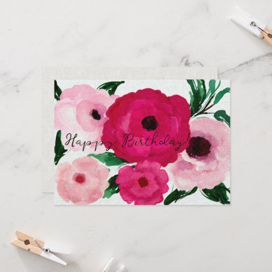 Carte Joyeux anniversaire ! Fleurs Roses Gros Belles (Devant/Arrière en situation)