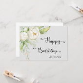 Carte Joyeux Anniversaire Floral Aquarelle Vert gris (Devant/Arrière en situation)